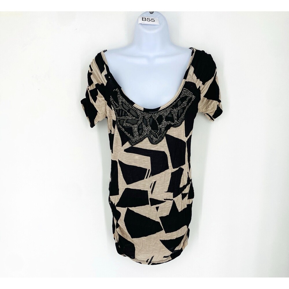 Y2K VTG Daytrip Buckle M Beaded Neck Club Top Ivory Black Abstract Mall Goth